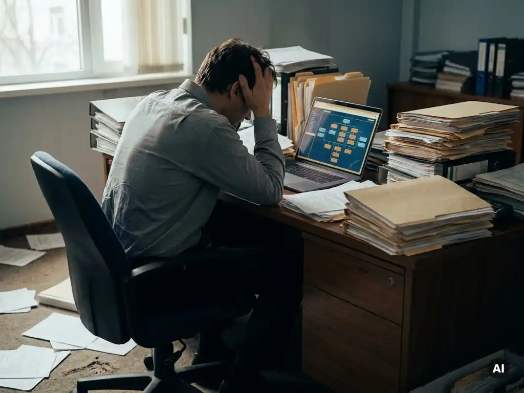 Gefrustreerde kantoormedewerker omringd door hoge stapels ongesorteerde mappen op een rommelig bureau, laptop toont complexe intranetstructuur.