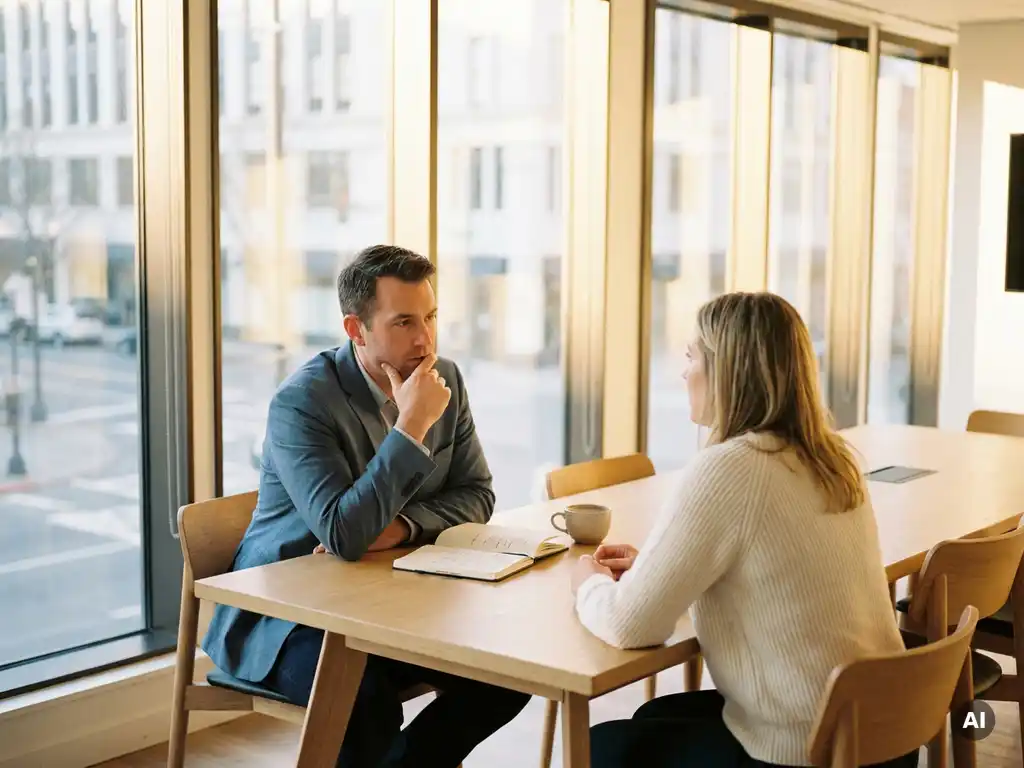 Twee professionals in gesprek aan een moderne vergadertafel met notitieboek en koffie, warm natuurlijk licht door grote ramen.
