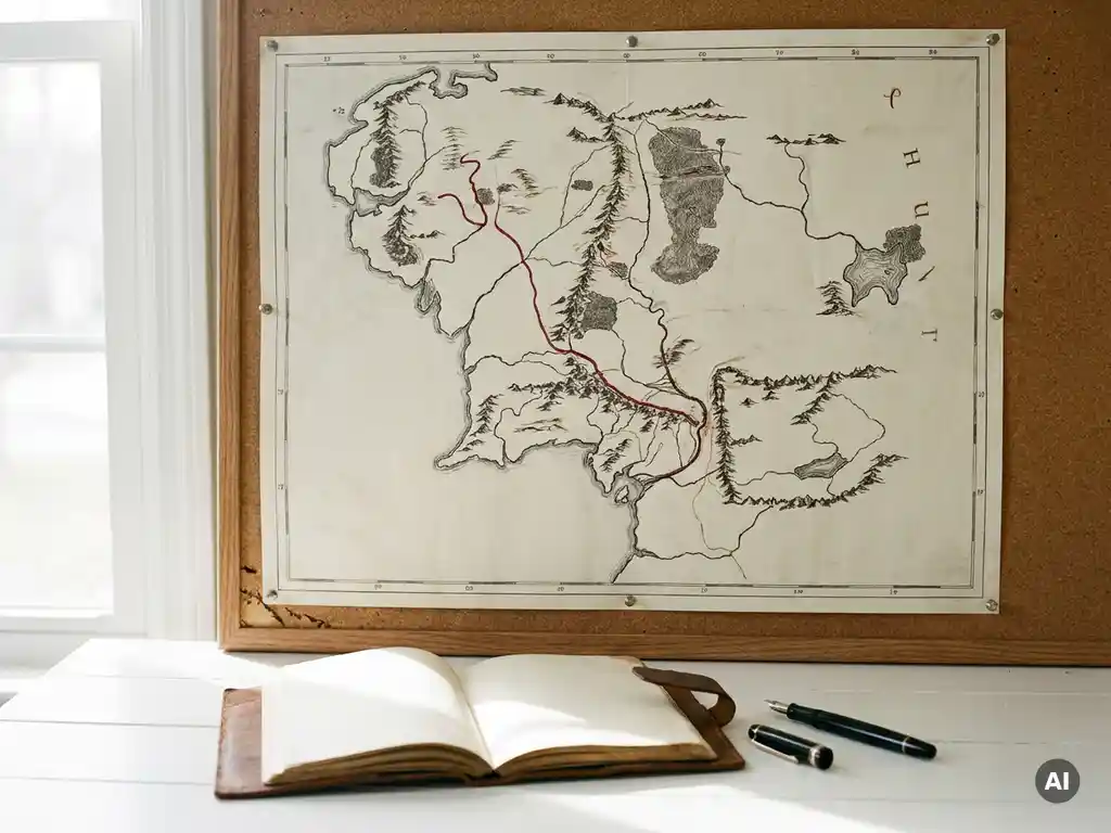 Handgetekende kaart op kurkbord met een vette rode route, versleten notitieboek en pen op wit bureau eronder.
