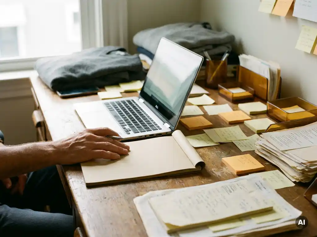 Professionele hand met pen op leeg notitieboek naast laptop en verouderde memo's op rommelig bureau, warm natuurlijk licht.
