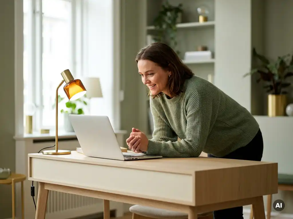 Nieuwsgierige kantoormedewerker leunt voorover aan modern bureau met laptop, verlicht door warm amberkleurig bureaulampje en natuurlijk daglicht.