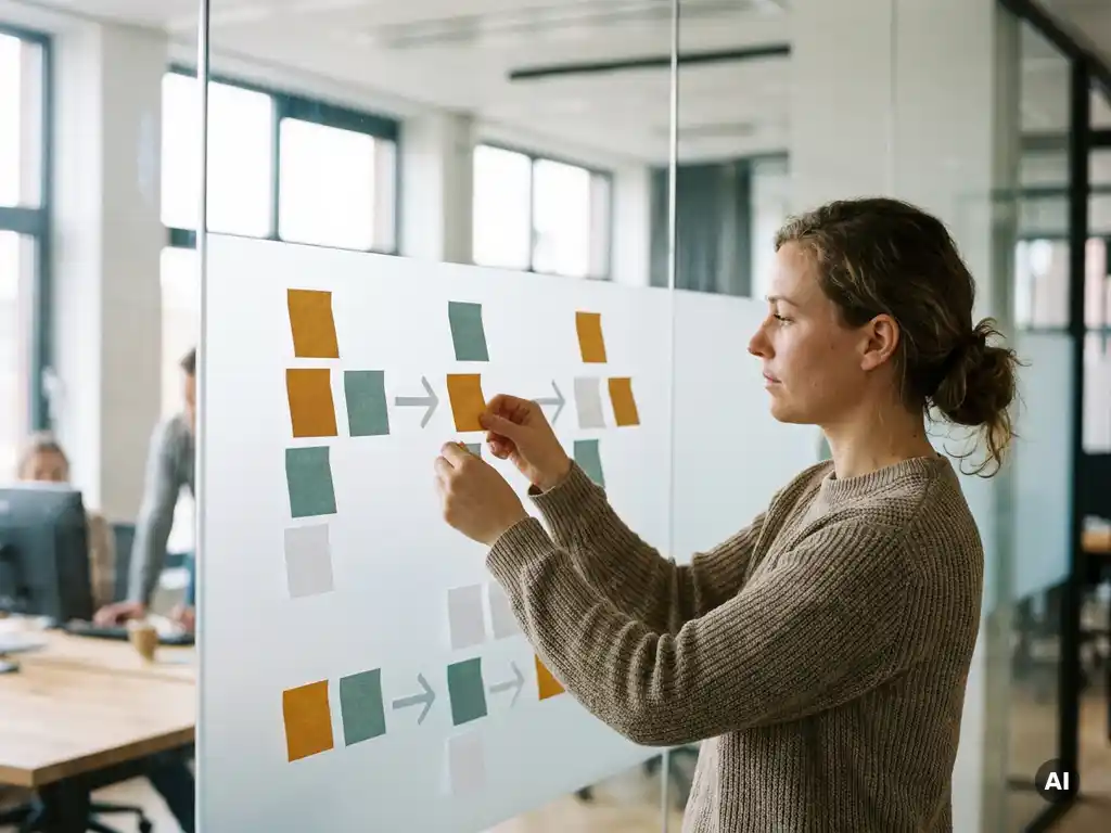 Vrouw ordent kleurgecodeerde sticky notes in gestructureerde flow op glazen wand in modern Nederlands kantoor met warm daglicht.