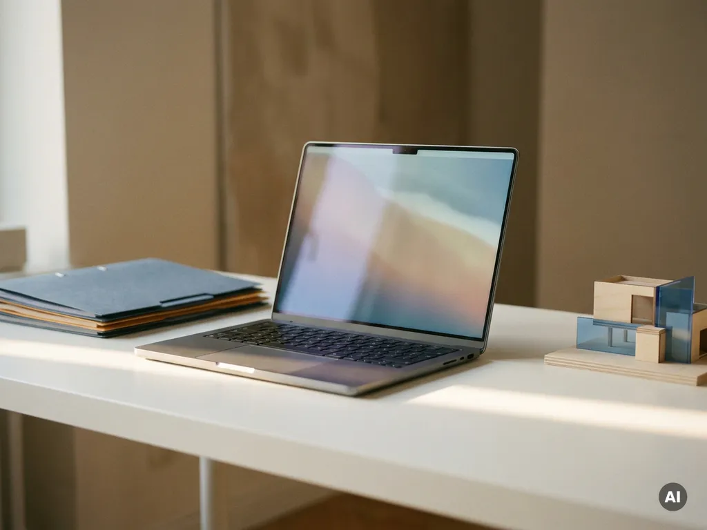 Glanzende laptop op minimalistisch wit bureau met georganiseerde mappen en architectuurmodel in warm amber en leisteenblauw licht.