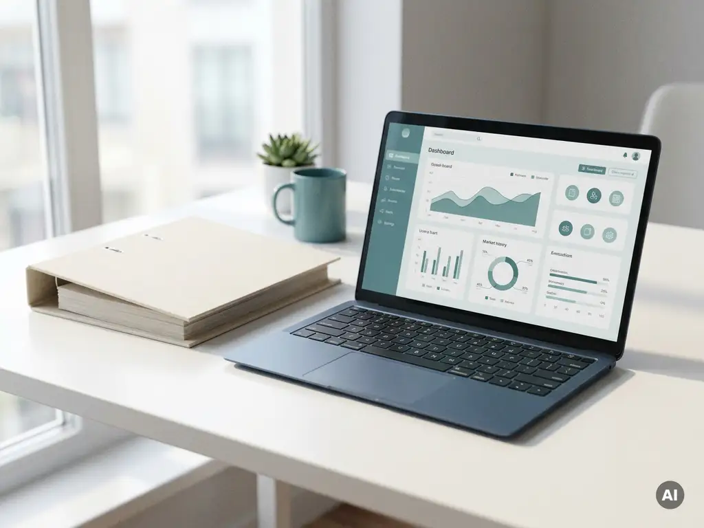 Laptop met collaboratief dashboard naast een gesloten ordner op wit bureau, verlicht door natuurlijk zijlicht.