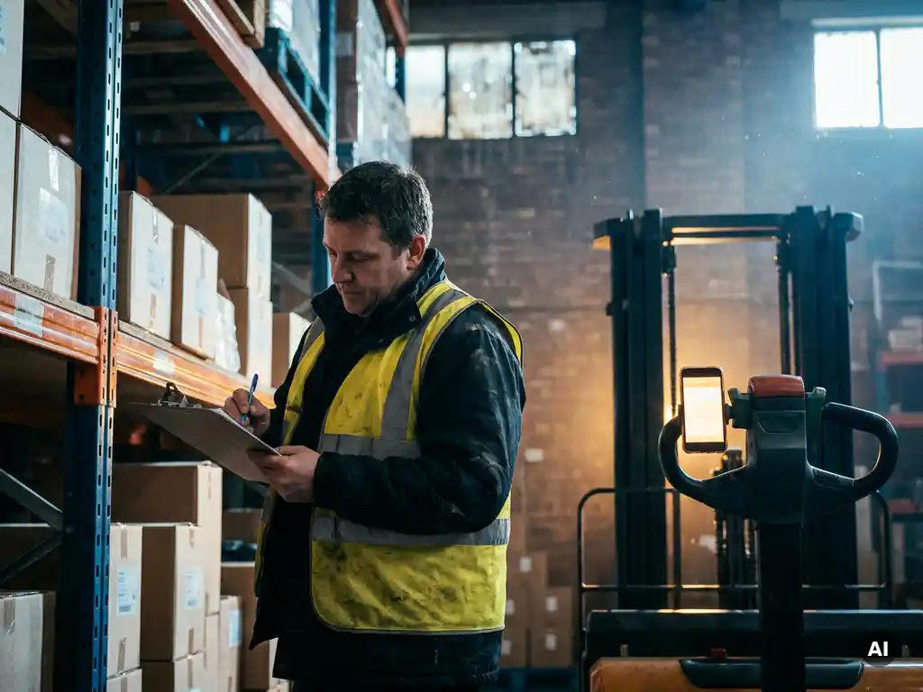 Magazijnmedewerker met veiligheidsvest controleert klembord bij industriële stellingen, smartphone zichtbaar op vorkheftruck op de achtergrond.