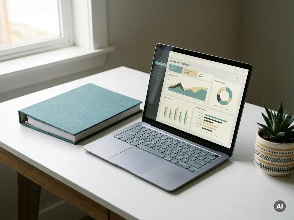 Laptop met collaboratief dashboard op modern wit bureau, naast een gesloten map en kleine kamerplant in zacht natuurlijk licht.
