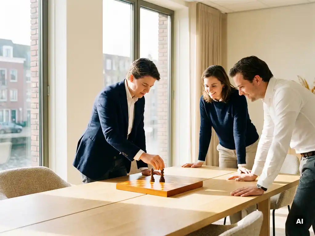 Professional plaatst een schaakstuk op houten bord tijdens teamoverleg in modern Nederlands kantoor met vloer-tot-plafond ramen.