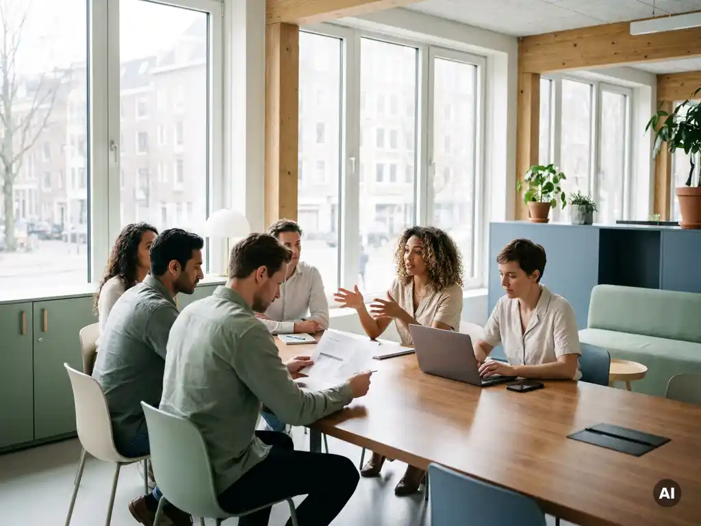 Diverse collega's in vergadering rond moderne tafel in Nederlands kantoor, communicerend via laptop, notities en gesprek.