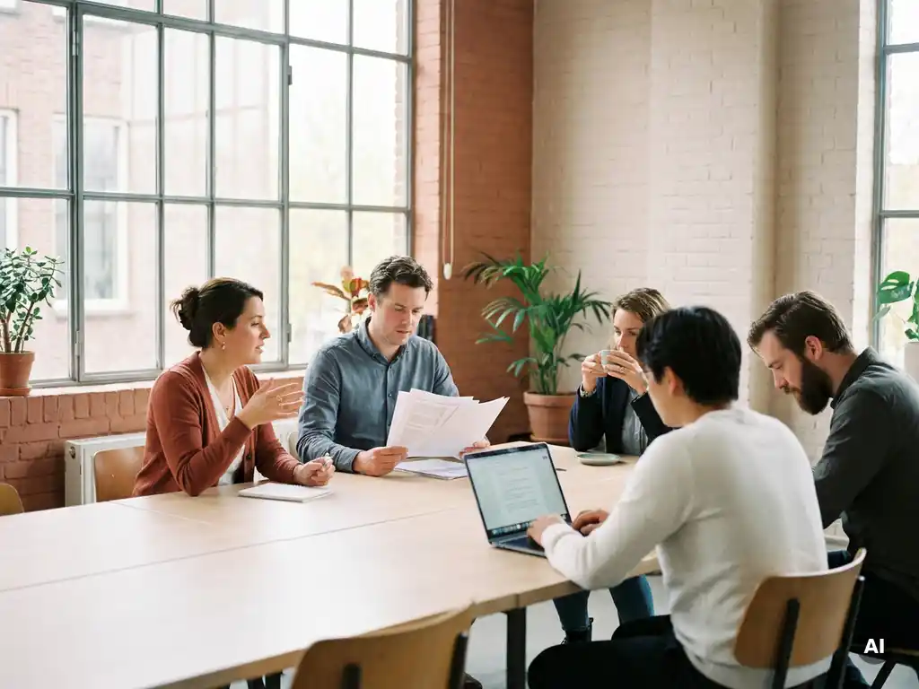 Diverse collega's in overleg aan vergadertafel in modern kantoor met groot raam en middaglicht.