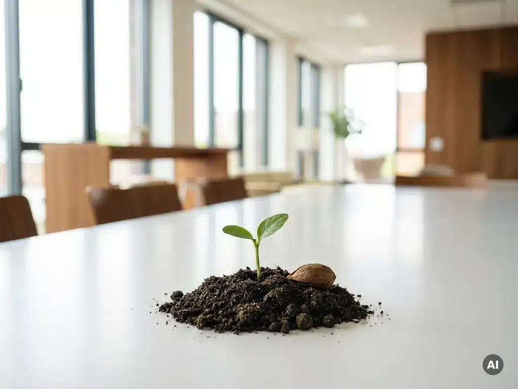 Groene zaailing in vruchtbare aarde naast een nog niet gekiemd zaad op een witte vergadertafel in een modern Nederlands kantoor.